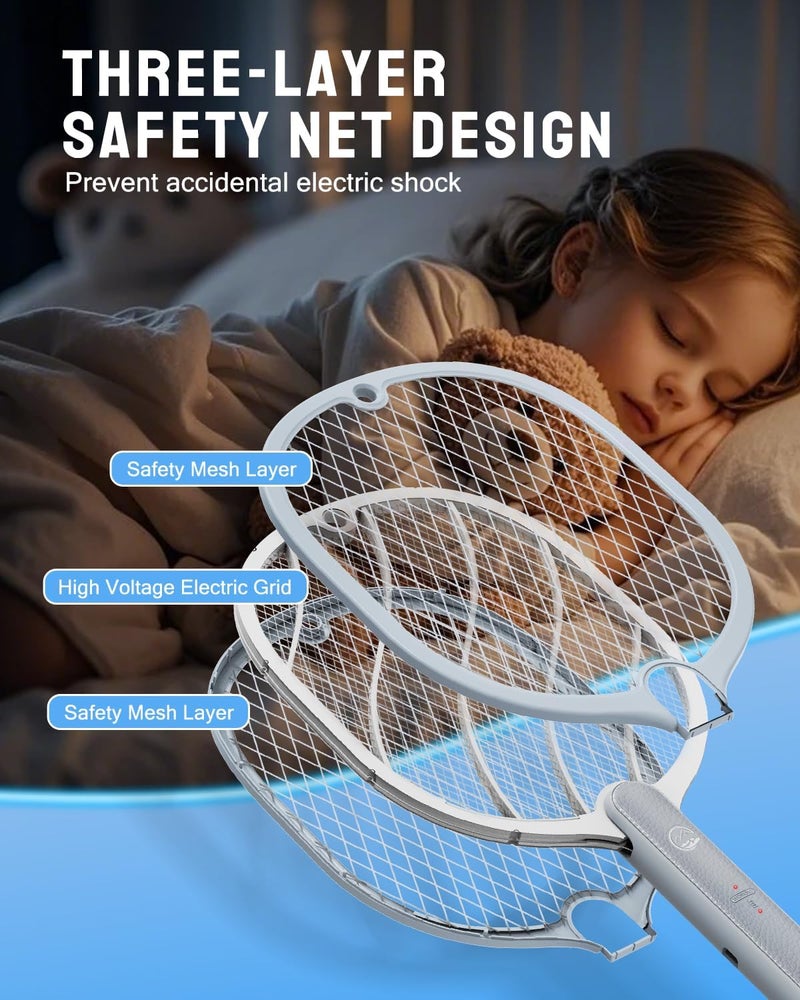 Mosiller Electric Fly Swatter, 3800V Handheld Bug Zapper Racket, Type-C Rechargeable, Mosquito Zapper for Indoor Outdoor, 3-Layer Safety Mesh, Easy to Use, Lightweight (Basic 2 Pack) - Image 3